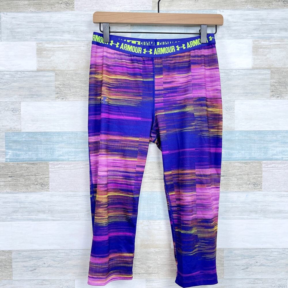 Under Armour HeatGear Printed Capri Leggings Purple Activewear Youth Girls Large